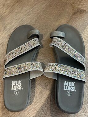 Muk Luks Silver Slide Sandals with Multicolored Crystal Straps